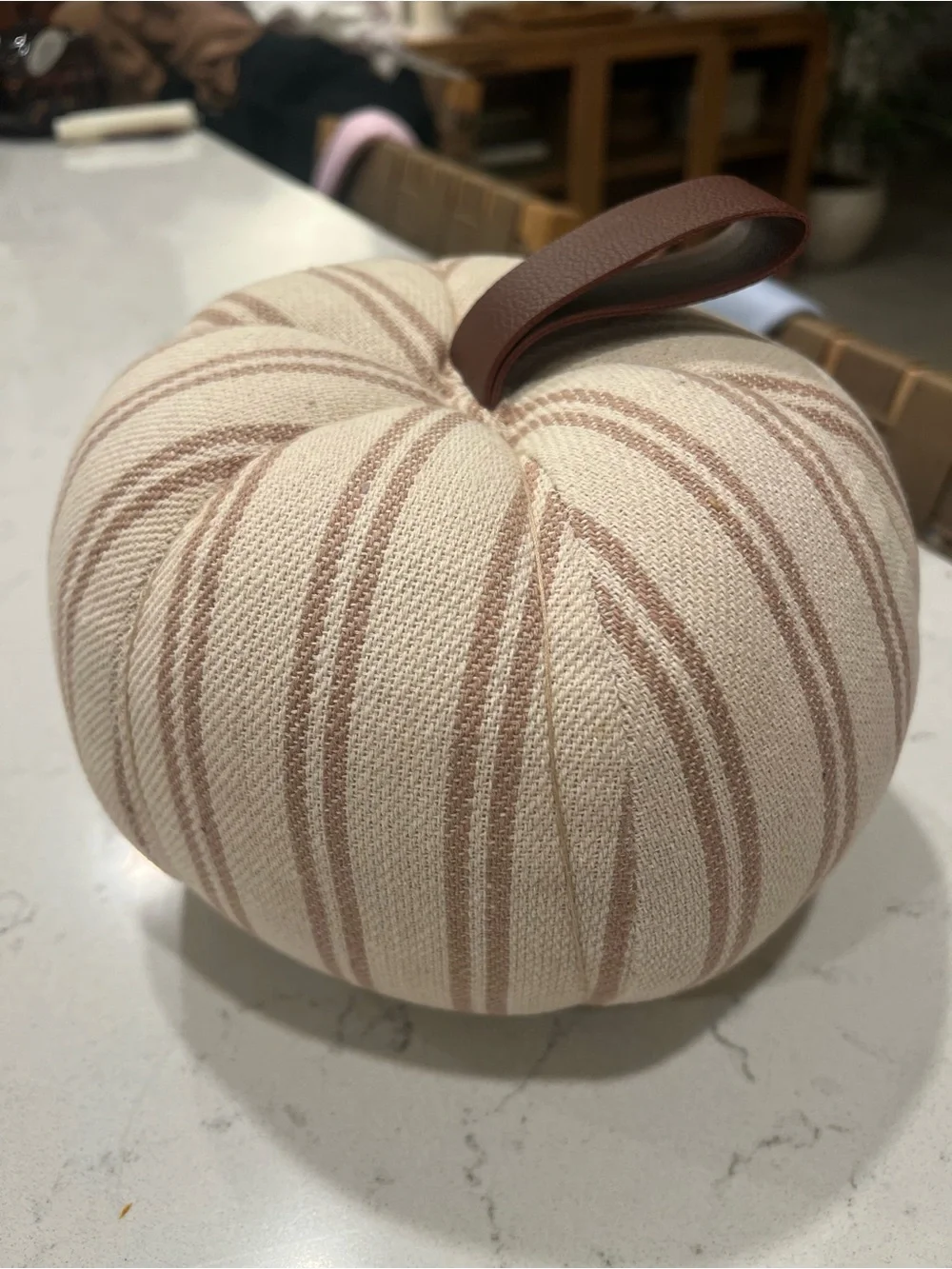 Soft Striped Cream Decorative Pumpkin with Brown Leather Stem
